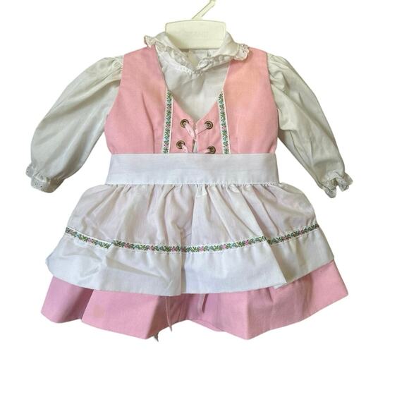 Vtg Infant 3piece Apron Shirt & Dress Set Pink/Wht Lace up 6-9 months - Picture 11 of 11